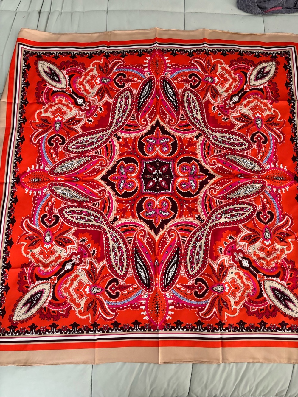 Chico's Red Paisley 100% Silk Square Scarf with Cream Border